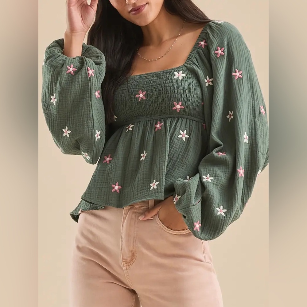 Altar’d State Olivia embroidered babydoll blouse top daisy long sleeve flower - Picture 8 of 8